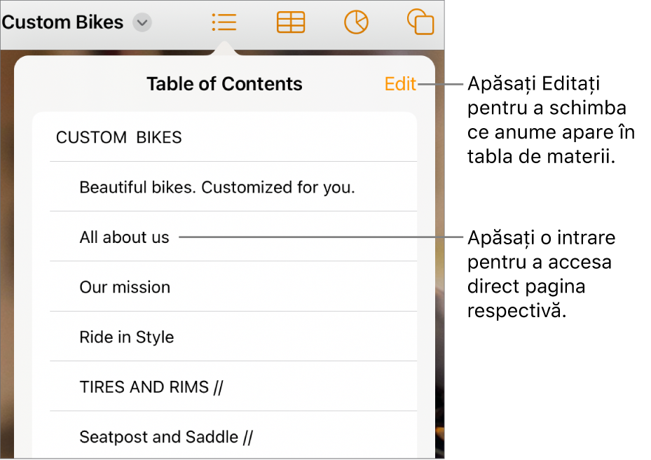 Vizualizarea tablei de materii, cu intrările sub formă de listă. Butonul Editați se află în colțul din dreapta sus al vizualizării.