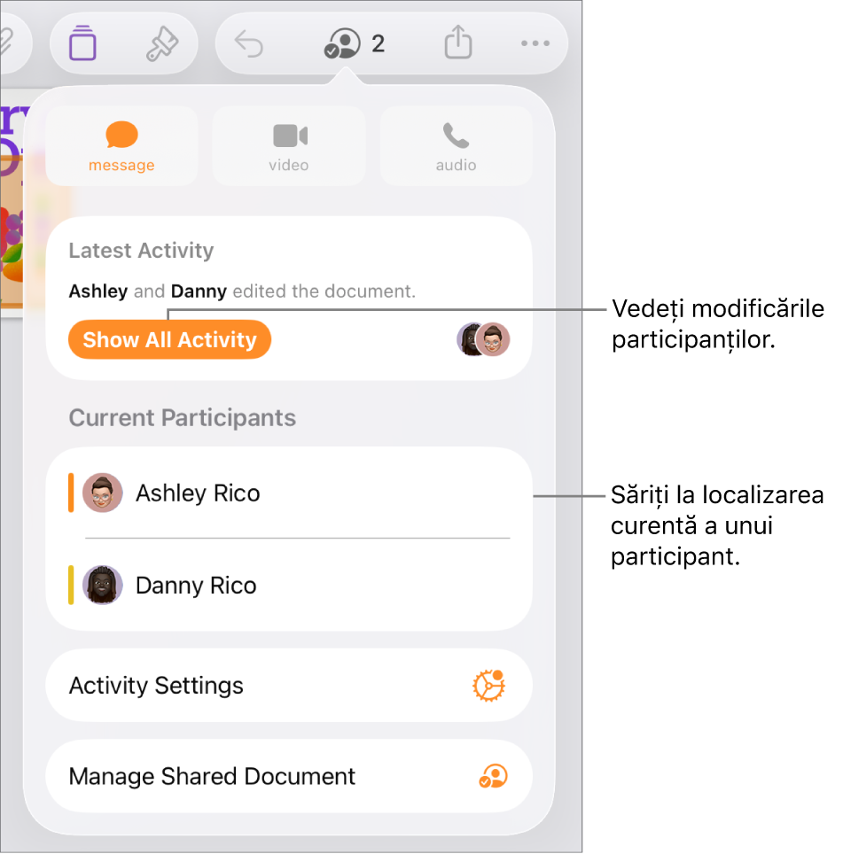 Meniul pentru colaborare cu participanții curenți listați.