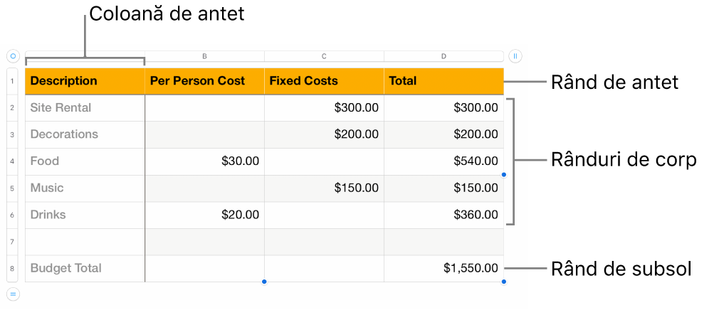 Un tabel afișând rândurile și coloanele de antet, corp și subsol.