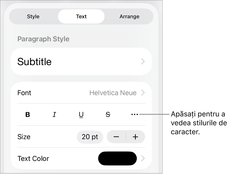 Comenzile Format cu stilurile de paragraf în partea de sus, apoi comenzile Font. Sub Font se află butoanele Aldin, Cursiv, Subliniat, Tăiat cu o linie și Alte opțiuni de text.
