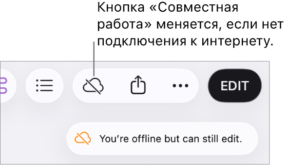 На экране отображается предупреждение: «Вы работаете в режиме офлайн, но можете вносить правки».