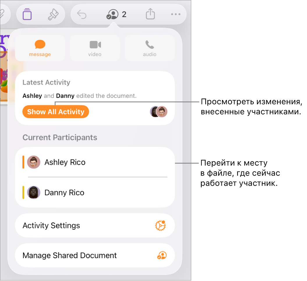 В меню совместной работы показаны активные участники.