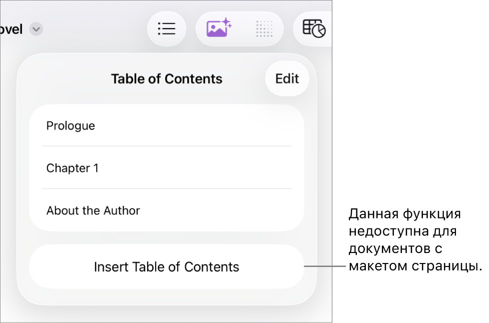 Окно оглавления. Отображаются: кнопка «Править» в правом верхнем углу, элементы оглавления и кнопка «Оглавление» внизу.