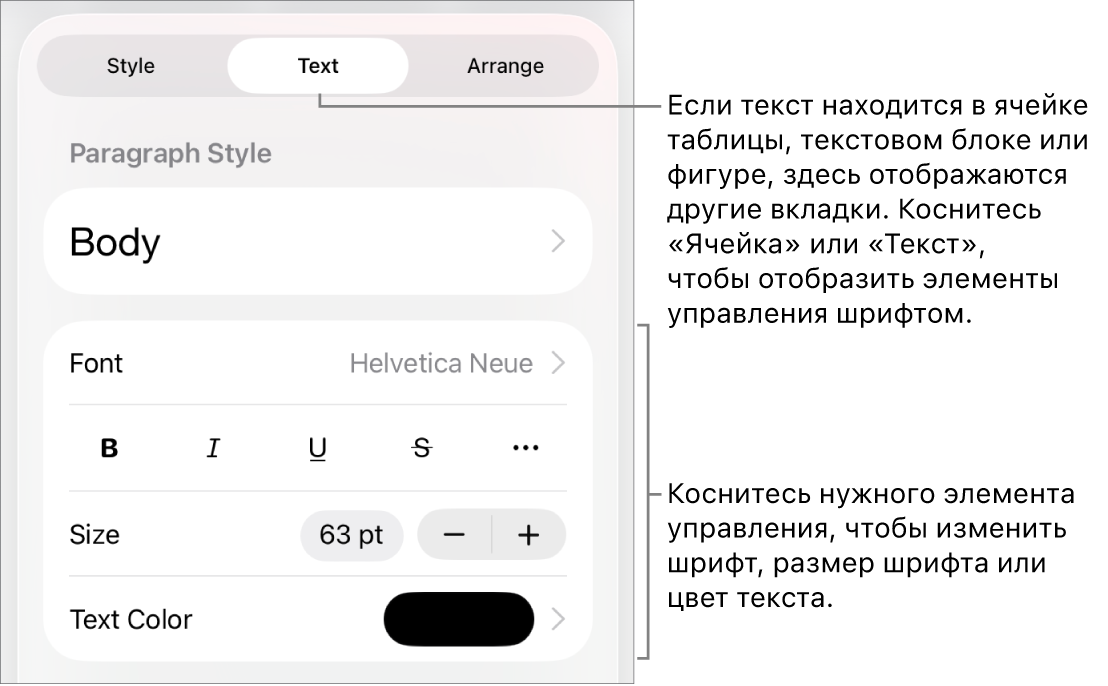 Элементы управления текстом в меню «Формат» для настройки стилей абзацев и символов, шрифта, размера и цвета.