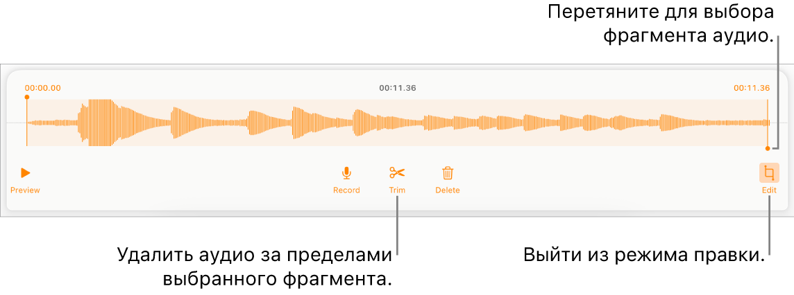 Элементы управления для редактирования записанного аудио. Манипуляторы обозначают выбранную часть записи. Ниже расположены кнопки «Прослушать», «Записать», «Обрезать», «Удалить» и кнопка режима редактирования.