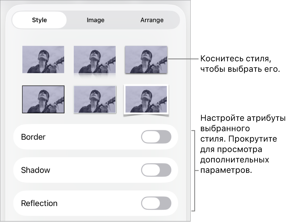 Вкладка «Стиль» в меню «Формат» со стилями объектов в верхней части и расположенными под ними элементами управления для изменения границы, тени, отражения и непрозрачности.