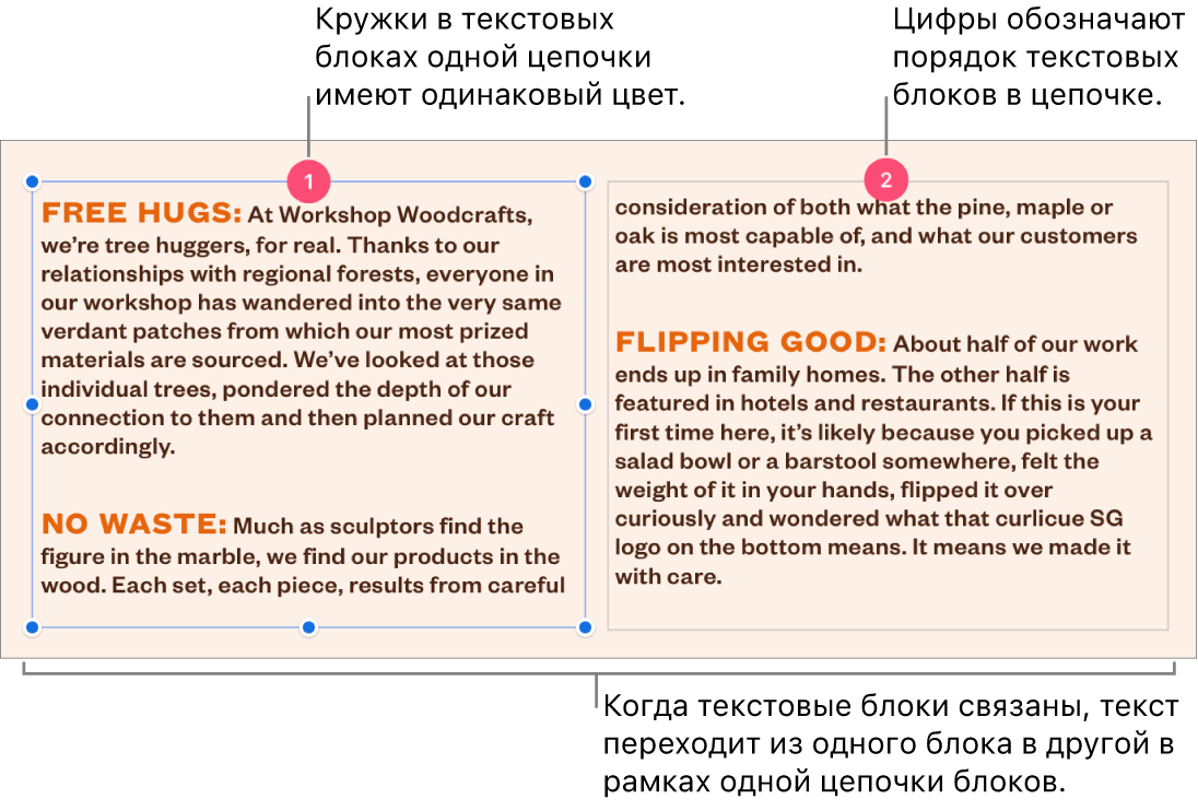 Два текстовых блока с лиловыми кружками вверху и числами 1 и 2 в кружках.