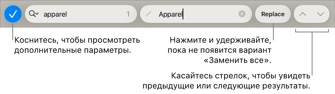 Элементы управления параметром «Найти и заменить» над клавиатурой. Выноски указывают на кнопки «Параметры поиска», «Заменить», «Перейти вверх» и «Перейти вниз».
