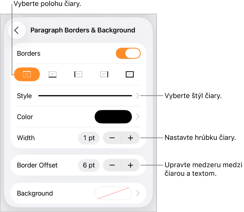 Ovládacie prvky na zmenu štýlu, hrúbky, polohy a farby čiary.