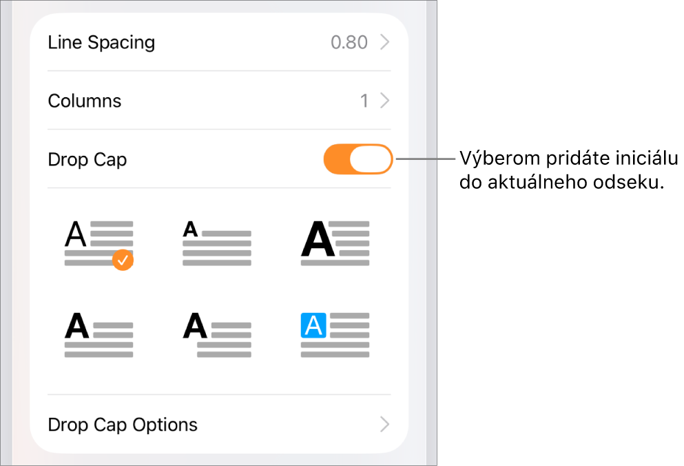 Ovládacie prvky Iniciálka v menu Text.