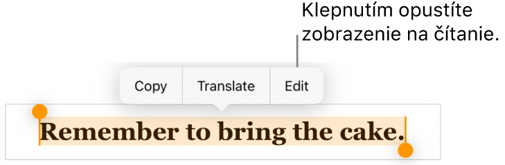 Je označená veta a nad ňou sa zobrazí kontextové menu s tlačidlami Kopírovať a Upraviť.
