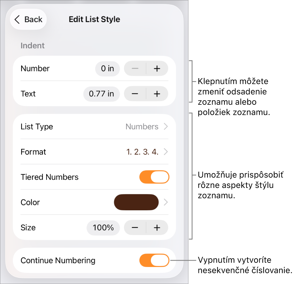 Menu Upraviť štýl zoznamu s ovládacími prvkami pre odsadenie, typ a formát zoznamu, odstupňované čísla, farbu a veľkosť zoznamu a nadväzujúce číslovanie.