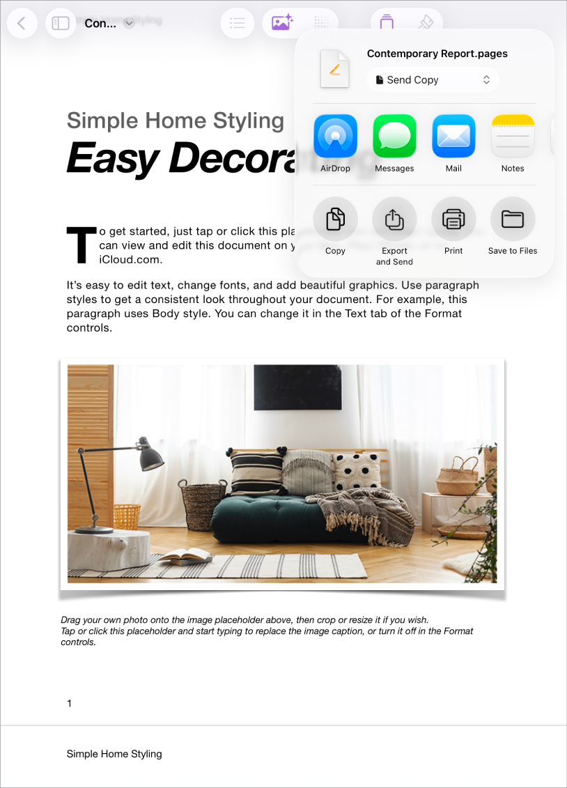 Rozpracovaný dokument s otvorenými možnosťami zdieľania a exportu.