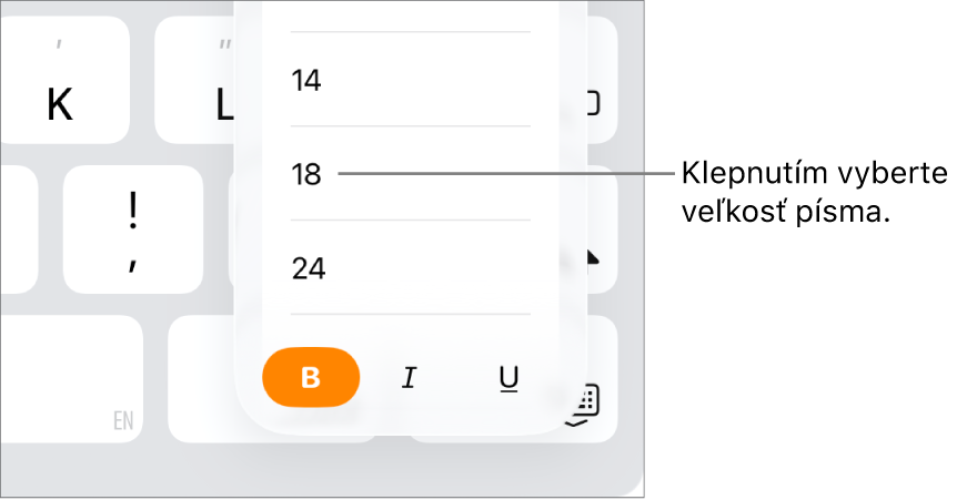 Tlačidlo Veľkosť písma na pravej strane klávesnice iPadu s otvoreným menu Veľkosť písma. Štandardné veľkosti písma čínskej vlády sa zobrazia v hornej časti menu a veľkosti v bodoch sa zobrazia pod nimi.