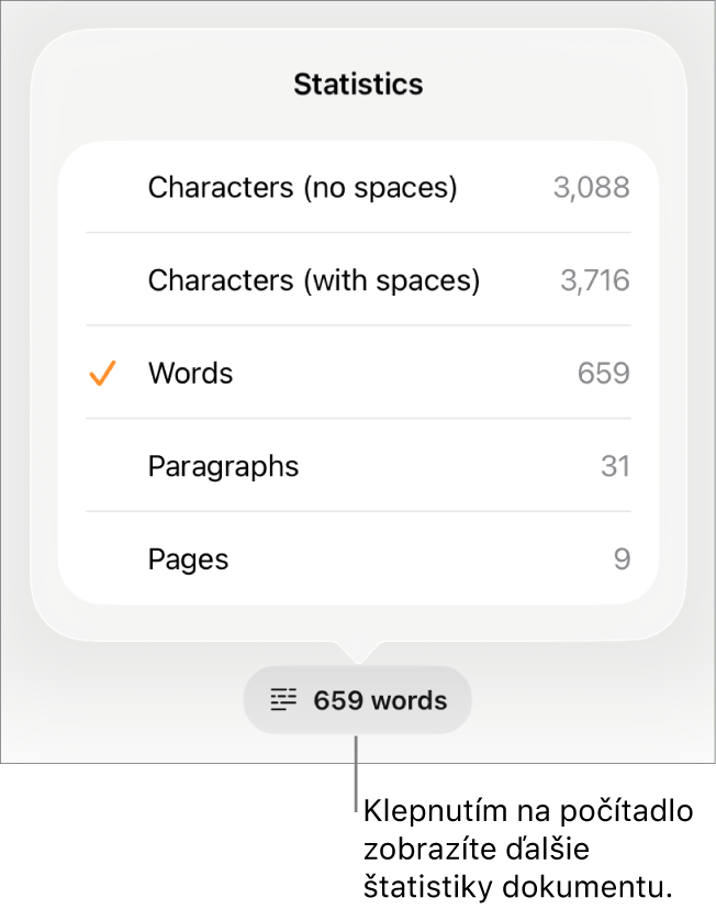 Počítadlo slov s menu ukazujúcim možnosti na zobrazenie počtu znakov s medzerami a bez medzier, počtu odsekov a počtu strán.