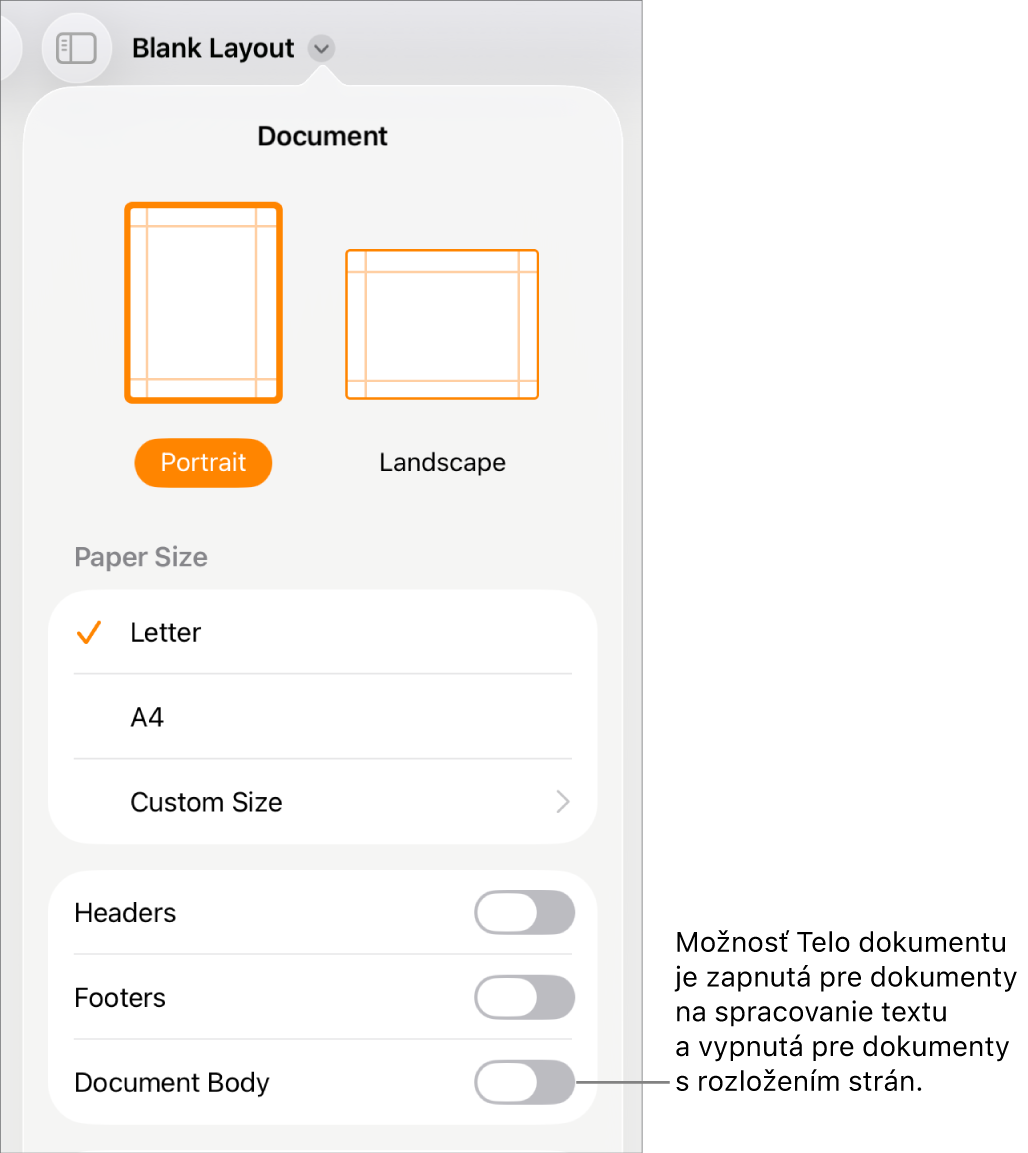 Ovládacie prvky formátovania Dokument zapnuté v spodnej časti obrazovky.