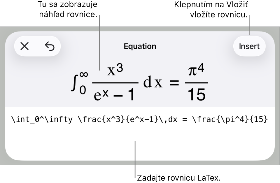 Dialógové okno Rovnica zobrazujúce rovnicu napísanú pomocou príkazov LaTeX, vyššie sa nachádza náhľad vzorca.