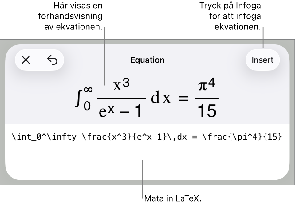 Dialogrutan Ekvation visar en ekvation som skrivits med LaTex-kommandon och en förhandsvisning av formeln ovanför den.