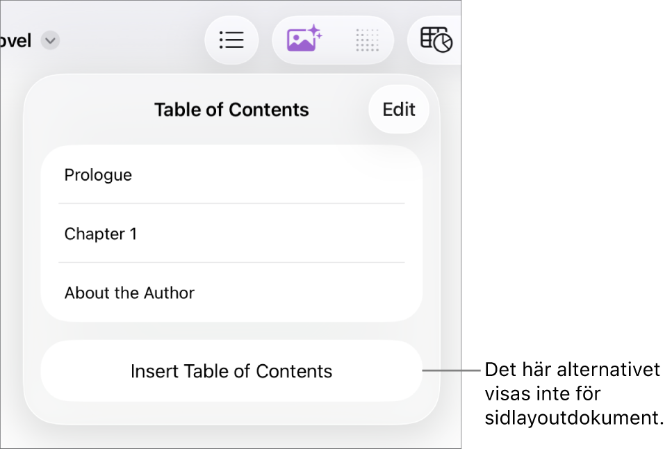 Innehållsförteckningsvyn med Ändra i det övre högra hörnet, innehållsförteckningsposter och knappen Infoga innehållsförteckning längst ned.