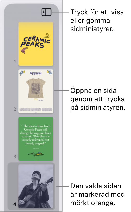 Sidminiatyrvyn till vänster på skärmen med en markerad sida. Ovanför miniatyrerna finns knappen Visningsalternativ.