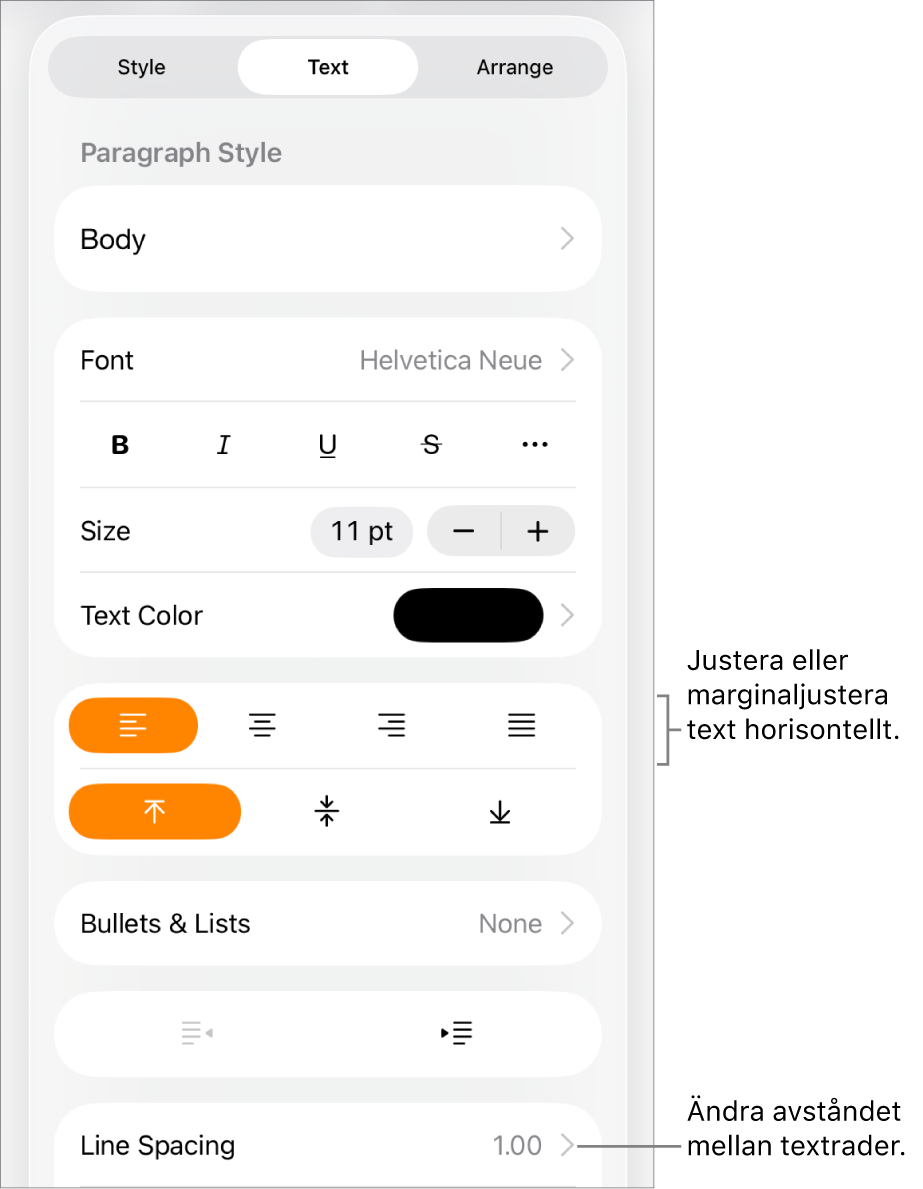Knappen för formatreglage med fliken Text vald och linjer som pekar på knapparna för textjustering och menyobjektet Radavstånd.
