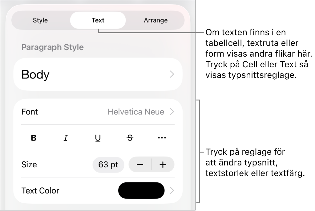 Textreglage i menyn Format för att ställa in stycke- och teckenstilar, typsnitt, storlek och färg.