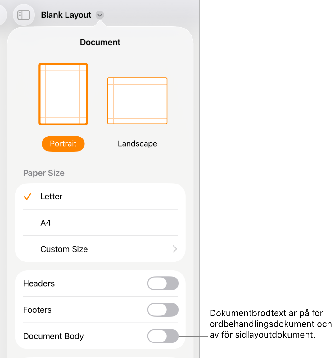 Dokumentformatreglagen med Dokumentbrödtext påslaget nära nederkanten av skärmen.