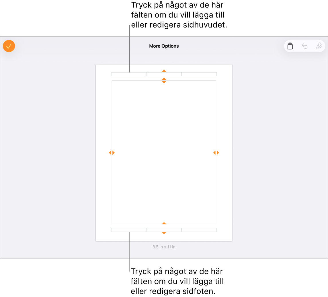 Vyn Fler alternativ med tre fält överst i dokumentet för sidhuvuden och tre fält längst ned för sidfötter.
