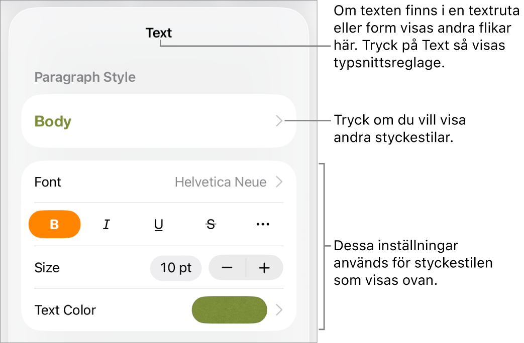 Menyn Format med textreglage för att ställa in stycke- och teckenstilar, typsnitt, storlek och färg.