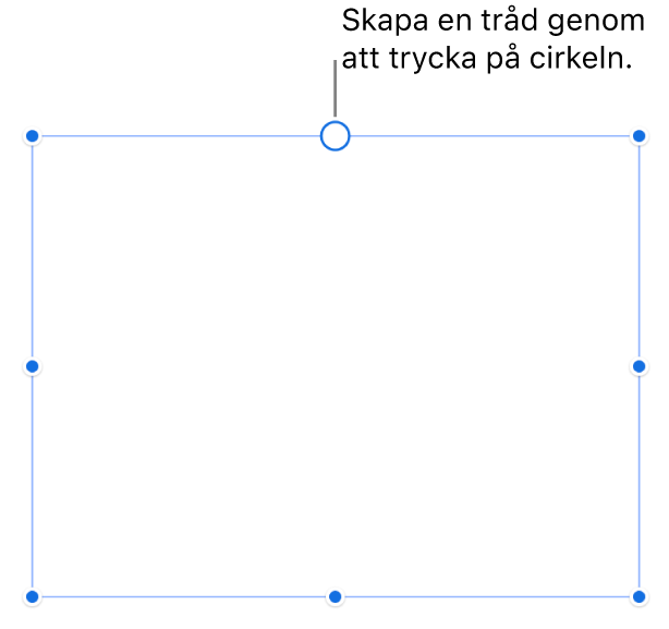 En tom textruta med en vit cirkel överst och handtag för storleksändring i hörnen, på sidorna och på nederkanten.