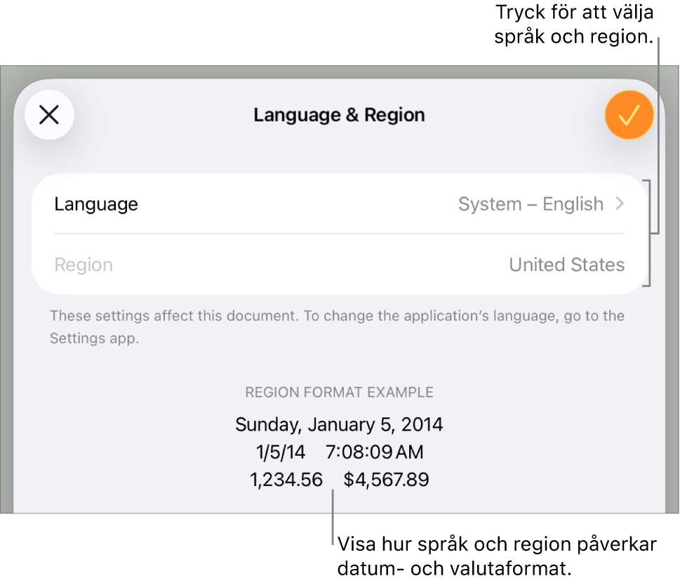 Panelen Språk och region med reglage för språk och region samt ett formatexempel med datum, tid, decimal och valuta.