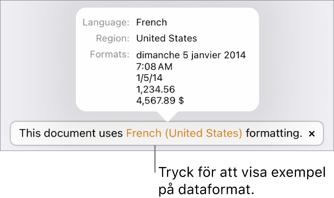 Meddelandet om olika språk- och regioninställningar samt exempel på formatering för det andra språket och den andra regionen.