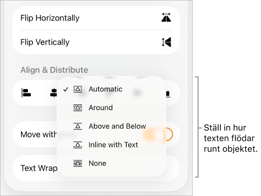 Formatreglagen med fliken Ordna vald. Nedanför finns textradbrytningsreglagen med Lägg nederst/överst, Flytta med text och Textradbrytning.