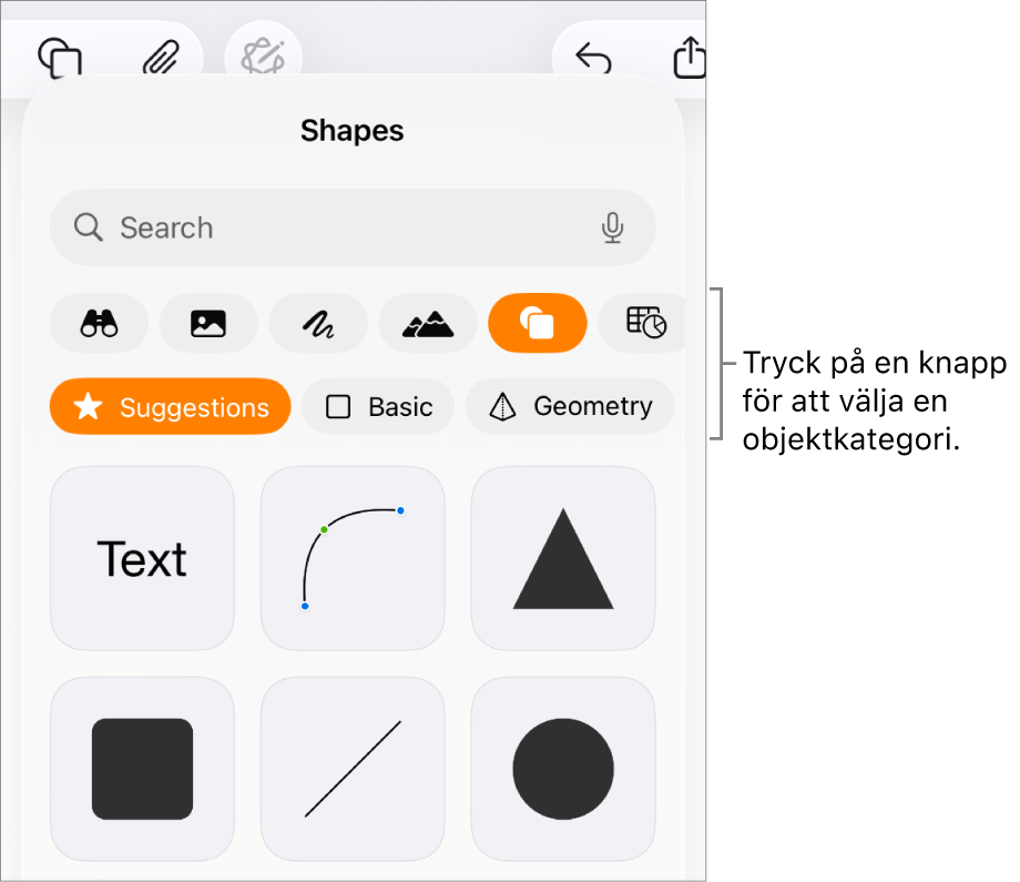 Reglagen för att lägga till ett objekt, med knappar överst för att välja tabeller, diagram, former (inklusive linjer och textrutor) och medier.