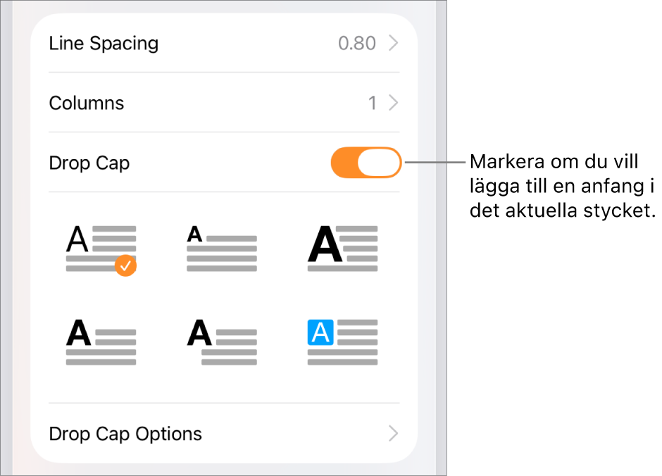 Anfangreglagen i menyn Text.
