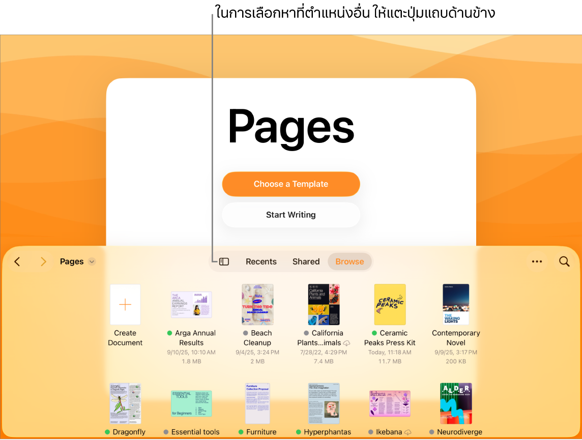 มุมมองเลือกหาของตัวจัดการเอกสารที่มีปุ่มแถบด้านข้างที่มุมซ้ายบนสุด ที่ด้านขวาบนสุดคือปุ่มเพิ่ม ปุ่มโฟลเดอร์ใหม่ ปุ่มไอคอน (เพื่อจัดเรียงตามชื่อ วันที่ ขนาด หรือแท็ก) ปุ่มเลือก และปุ่มค้นหา ด้านล่างปุ่มเหล่านี้คือรูปย่อของเอกสารที่มีอยู่