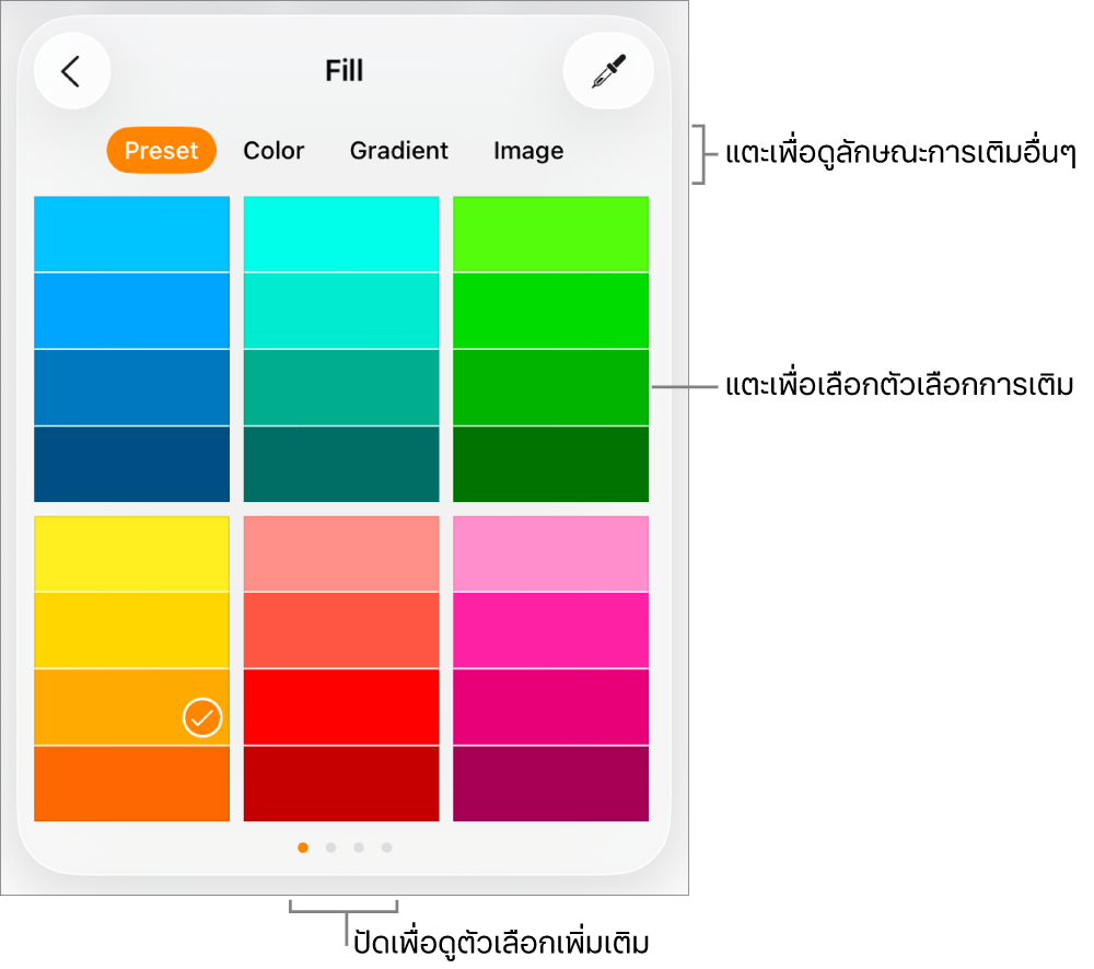 ตัวเลือกการเติมในแถบลักษณะของปุ่มรูปแบบ