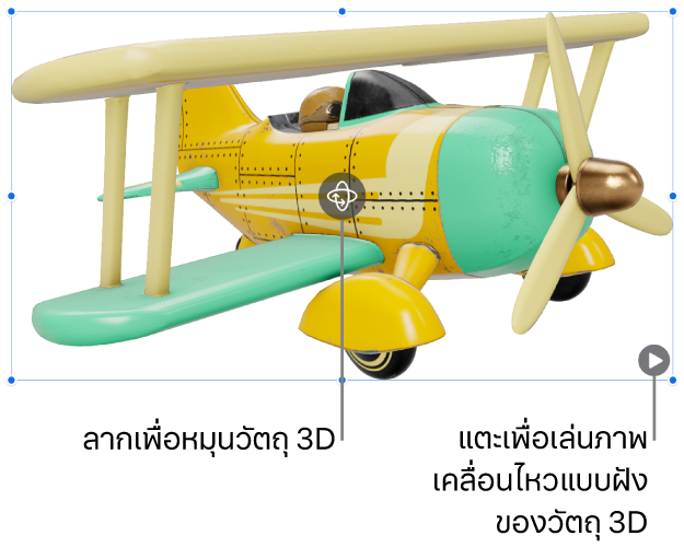 วัตถุ 3D ที่มีปุ่มหมุนที่กึ่งกลางของวัตถุและปุ่มเล่นที่มุมขวาล่าง