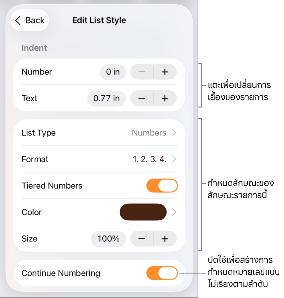 เมนูแก้ไขลักษณะรายการที่มีตัวควบคุมสำหรับระยะห่างการเยื้อง ประเภทและรูปแบบของรายการ ตัวเลขหัวข้อย่อย สีและขนาดของรายการ และการกำหนดหมายเลขต่อ