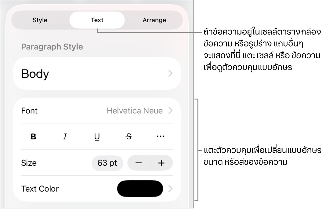 ตัวควบคุมข้อความในเมนูรูปแบบสำหรับตั้งค่าลักษณะ แบบอักษร ขนาด และสีของย่อหน้าและอักขระ