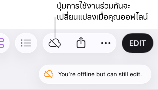 การเตือนบนหน้าจอแจ้งว่า “คุณออฟไลน์อยู่แต่ยังคงสามารถแก้ไขได้”