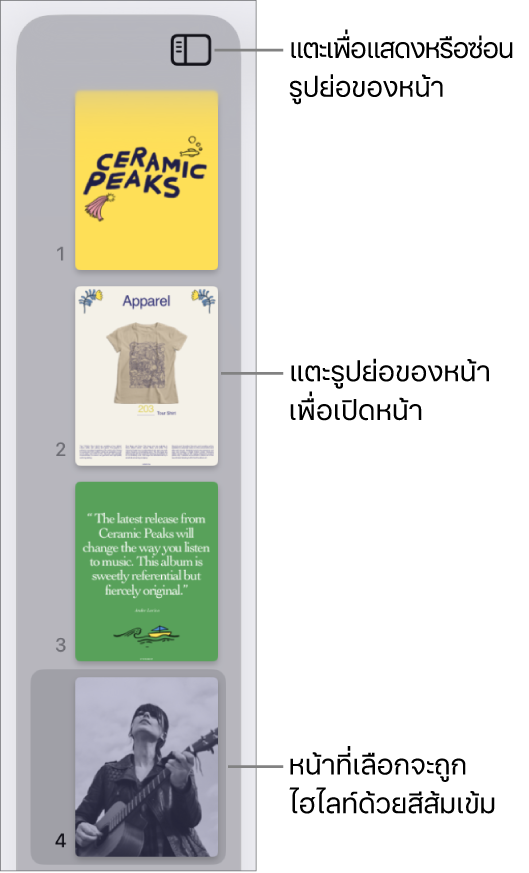 มุมมองรูปย่อของหน้าที่ด้านซ้ายของหน้าจอพร้อมกับหนึ่งหน้าที่เลือกไว้ ปุ่มตัวเลือกมุมมองจะอยู่เหนือรูปย่อ