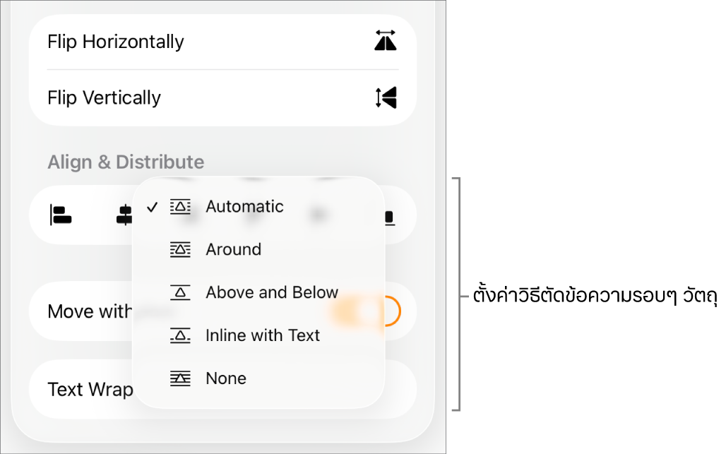 ตัวควบคุมรูปแบบที่มีแถบจัดเรียงถูกเลือกอยู่ ด้านล่างนั้นคือตัวควบคุมตัดข้อความที่มี ย้ายไปด้านหลังหรือด้านหน้า เลื่อนพร้อมข้อความ และตัดข้อความ