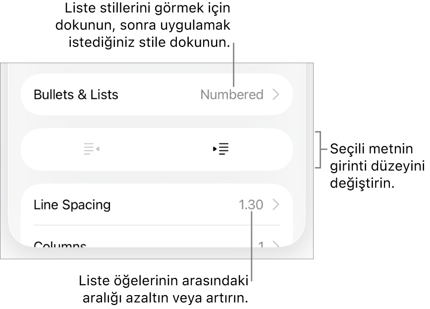 Madde İşaretleri ve Listeler, çıkıntı ve girinti düğmeleri ve de satır aralığı denetimlerini gösteren belirtme çizgileri ile Biçim denetimlerinin Madde İşaretleri ve Listeler bölümü.