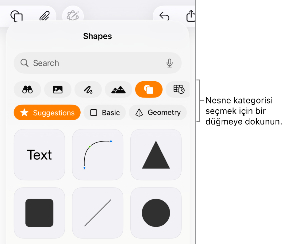 En üstte tablo, grafik, şekil (çizgiler ve metin kutuları da dahil olmak üzere) ve ortam seçme düğmelerini gösteren nesne ekleme denetimleri.