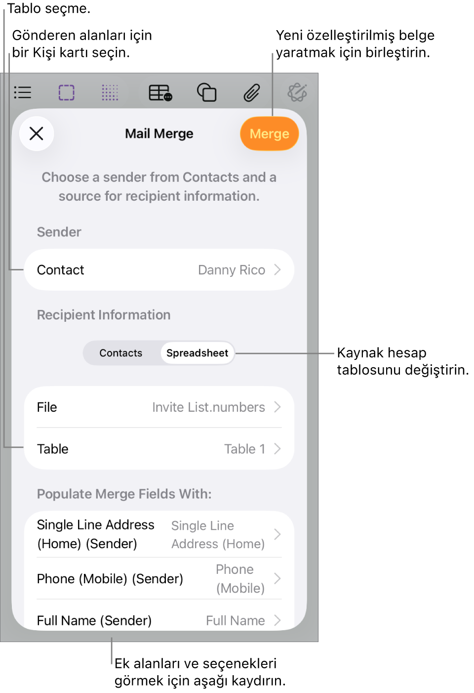 Gönderen bilgilerini seçme, kaynak dosyayı veya tabloyu değiştirme, birleştirme alanı adlarını önizleme veya belgeyi birleştirme seçenekleri ile Adres Mektup Birleştirme bölümü açık.