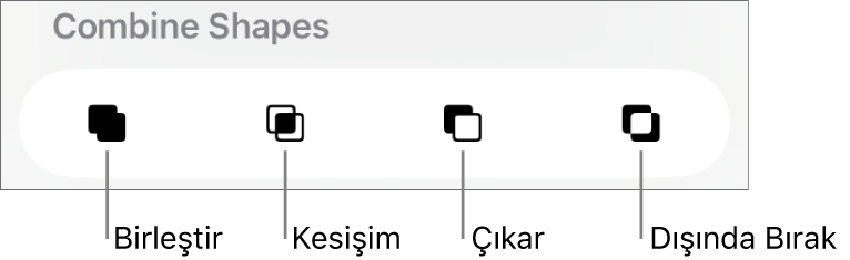 Şekilleri Birleştir’in altındaki Birleştir, Kesişim, Çıkar ve Dışında Bırak düğmeleri.