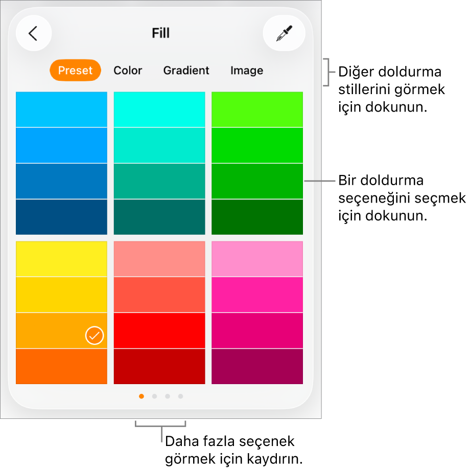Biçim düğmesinin Stil sekmesindeki Doldur seçenekleri.