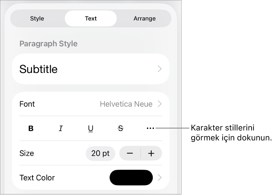 En üstteki paragraf stilleri ile Biçim denetimleri, ardından Font denetimleri. Font’un altında Kalın, İtalik, Altı Çizgili, Üstü Çizgili ve Daha Fazla Metin Seçeneği düğmeleri bulunur.