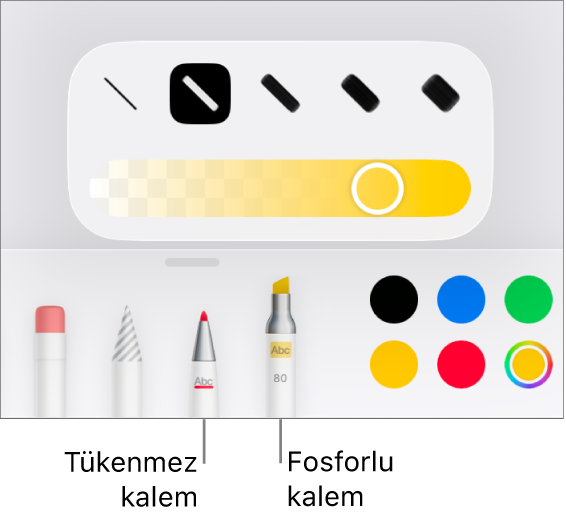 Kalem ve fosforlu kalem düğmeleri, çizgi genişliği seçenekleri ve opaklık sürgüsü ile Akıllı Açıklama aracı menüsü.